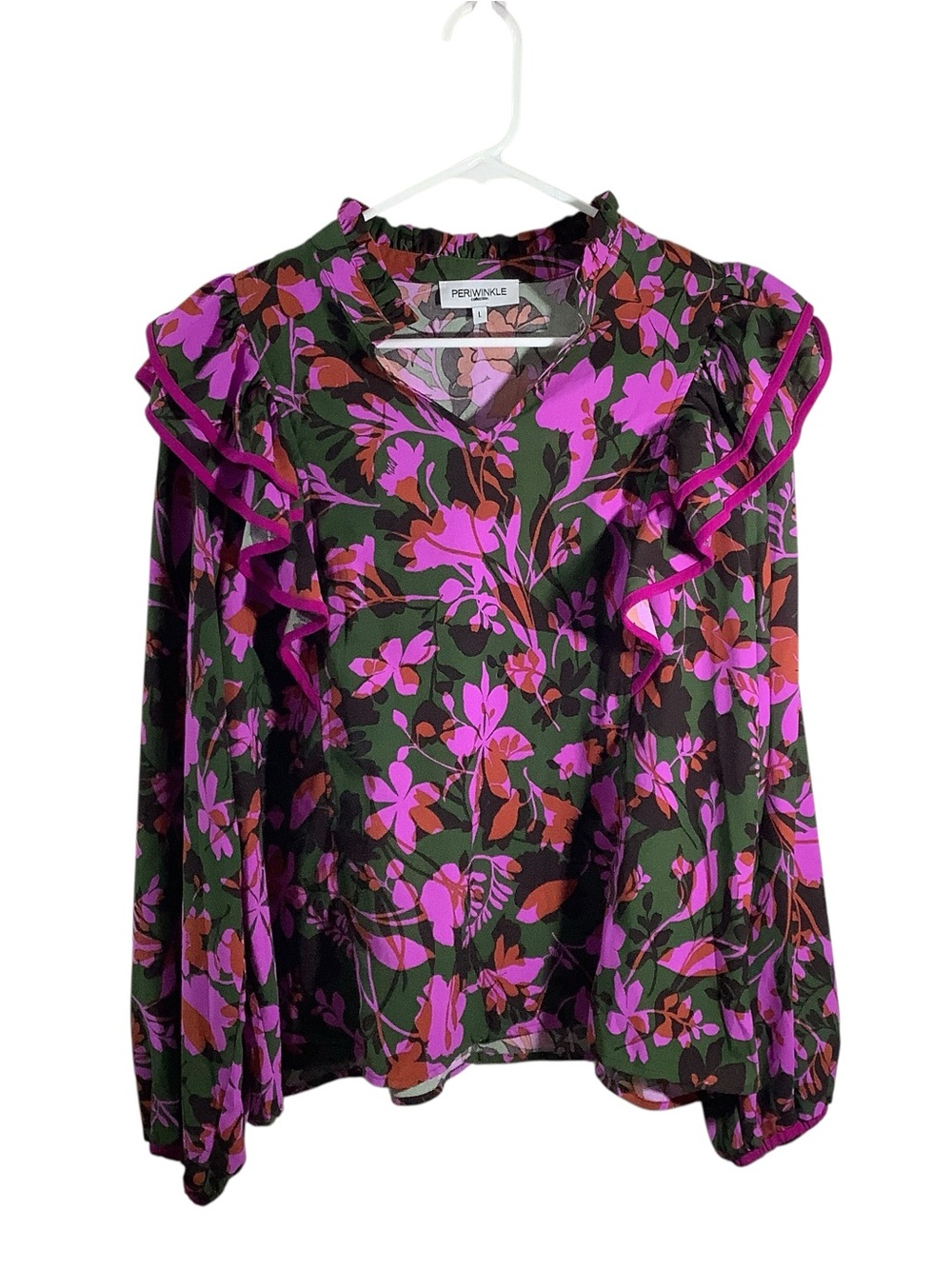 Periwinkle Green and Purple Floral Ruffle V-Neck Blouse